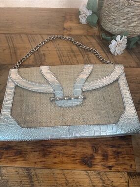 Elaine Turner Silver Metallic Trim Natural Woven Clutch with Chain